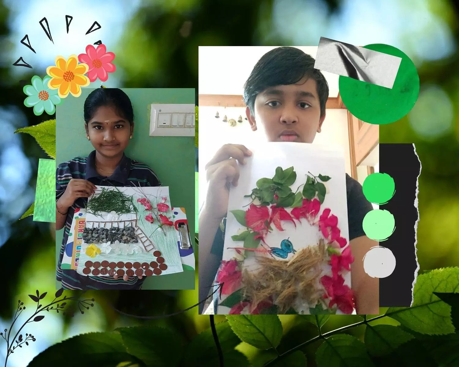 2021 nature collage activity b 8th-grade students at a top school in Salem creating a nature collage activity with leaves, flowers, and twigs, showcasing their artistic skills and environmental awareness.
