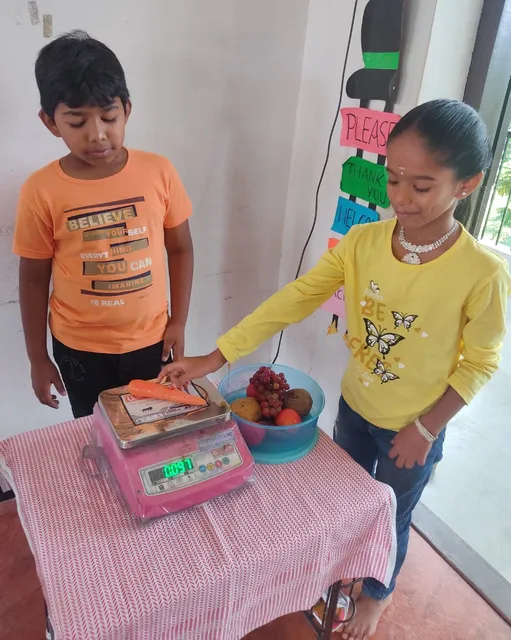 Grade 4 students learning to measure mass with traditional scales by weighing fruits and vegetables in a science class.