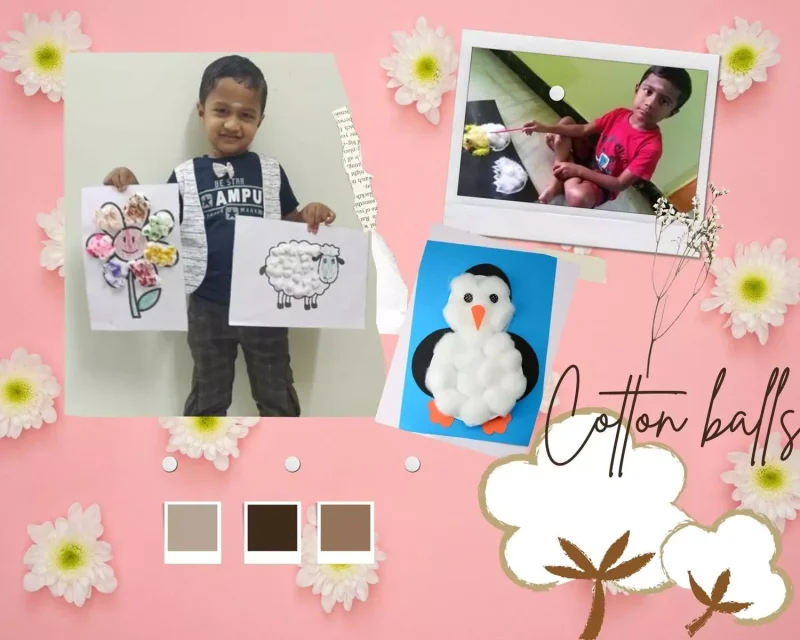 A gallery of vibrant cotton paintings by LKG students, featuring popcorn, penguins, and flowers, showcasing creative talent at one of the top schools in Salem.