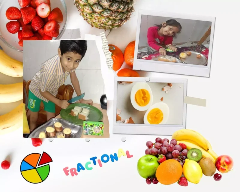 Colorful fraction activities completed by second graders using food items, highlighting engaging math education at a renowned Salem school.