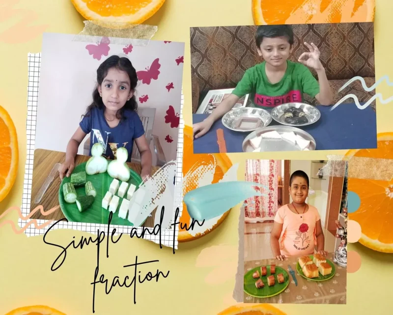 Young learners from a top school in Salem dividing foods into fractions, engaging in hands-on fraction activities at home.