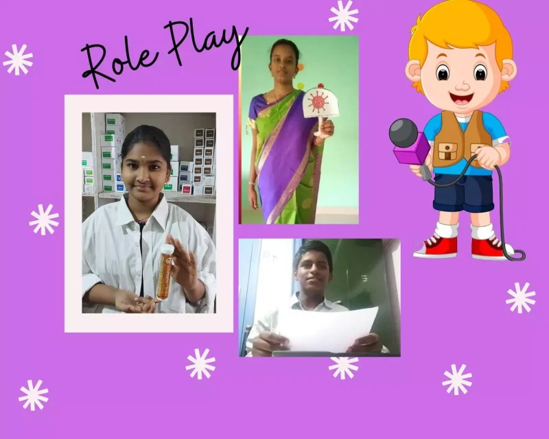Creative teacher & young pharmacist role play by students in Salem's renowned CBSE school.