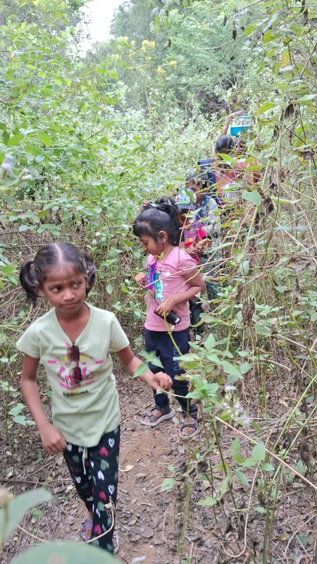 Curious students from one of the top schools in Salem, navigating through a bushy trail on their educational nature trek. Trekking for Kids