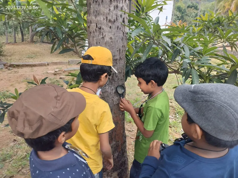 Curious minds at work as students from a leading CBSE school in Salem examine tree bark with magnifying glasses.