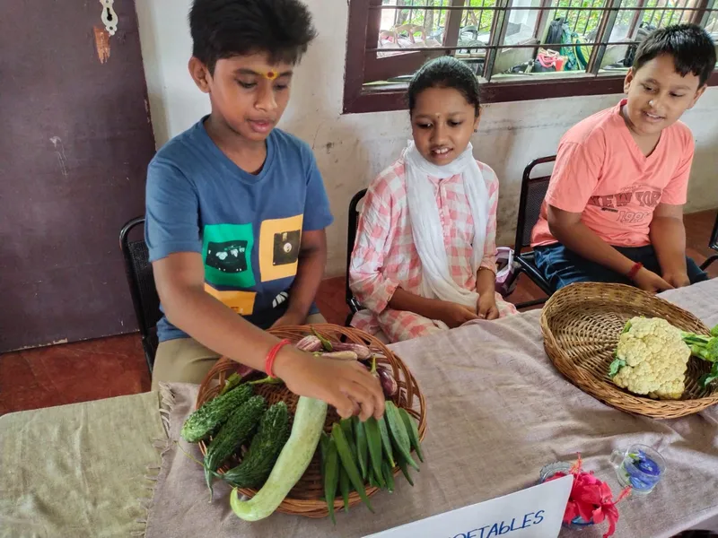Engaged sixth graders at a CBSE school in Salem participating in a 'Food from Plants and Animals' activity, showcasing a well-organized display of edible plant parts.