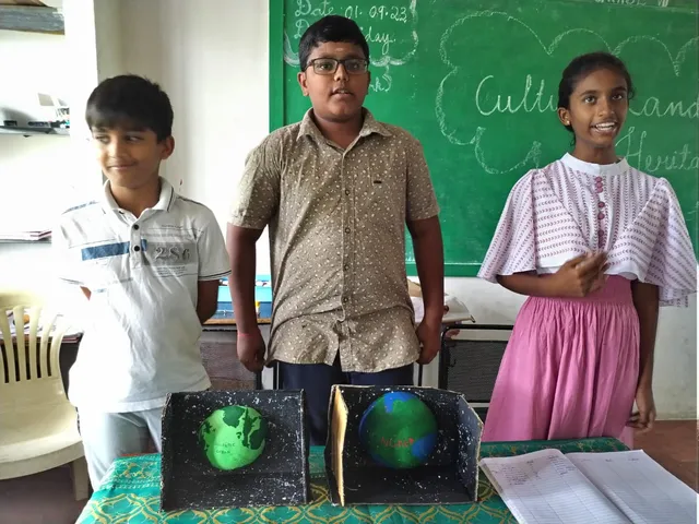 Grade 6 to 9 Social Expo Cultural and Heritage Expo 5_result Confident Grade 8 students explaining their globe models during a cultural expo in one of the best schools in Salem.