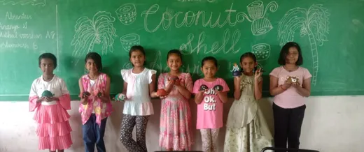 Grade 3 Coconut shell art 6_result Students painting coconut shells with intricate designs at a top CBSE school in Salem.