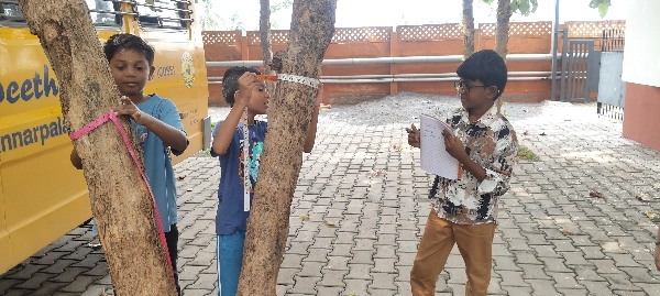 Boys measuring the circumference of tree trunks as part of a hands-on learning activity at a top CBSE school in Salem.