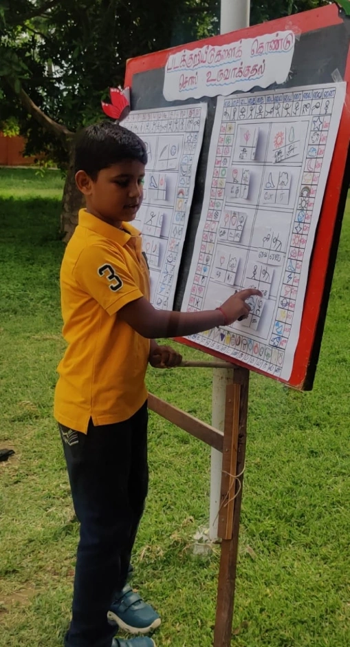 Students eagerly selecting picture cards during Tamil Words from Pictures Game