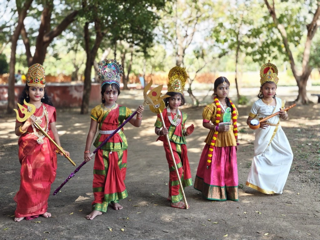 Students in traditional attire posing with symbolic props