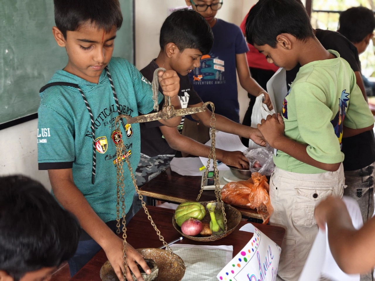 Group of students working with weighing balance