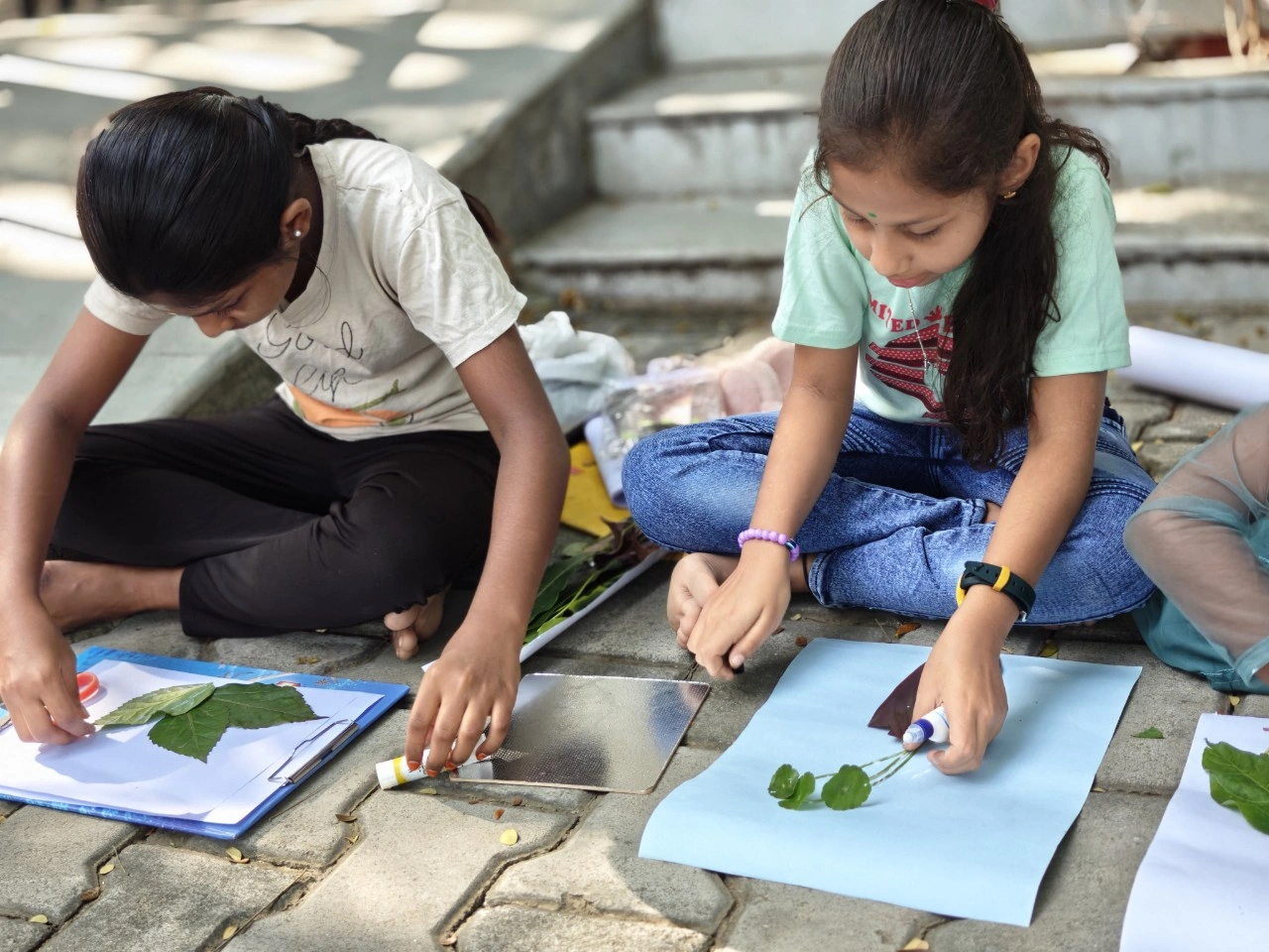 Close-up of two students meticulously creating their leaf art designs