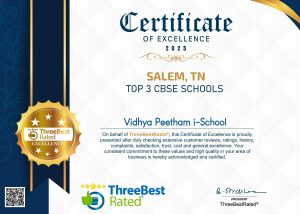 ThreeBestRated Certificate of Excellence 2025 – Vidhya Peetham i-School, Top 3 CBSE Schools in Salem