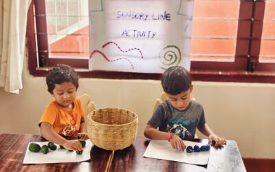 PreKG Children Create Sensory Lines with Natural Materials